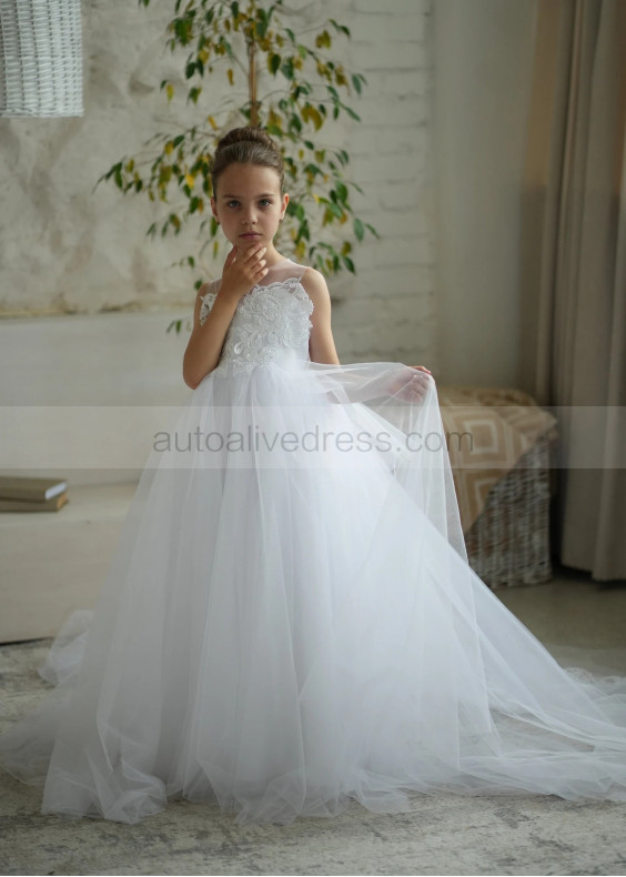 White Lace Tulle Chic Flower Girl Dress White Lace Tulle Chic Flower Girl Dress